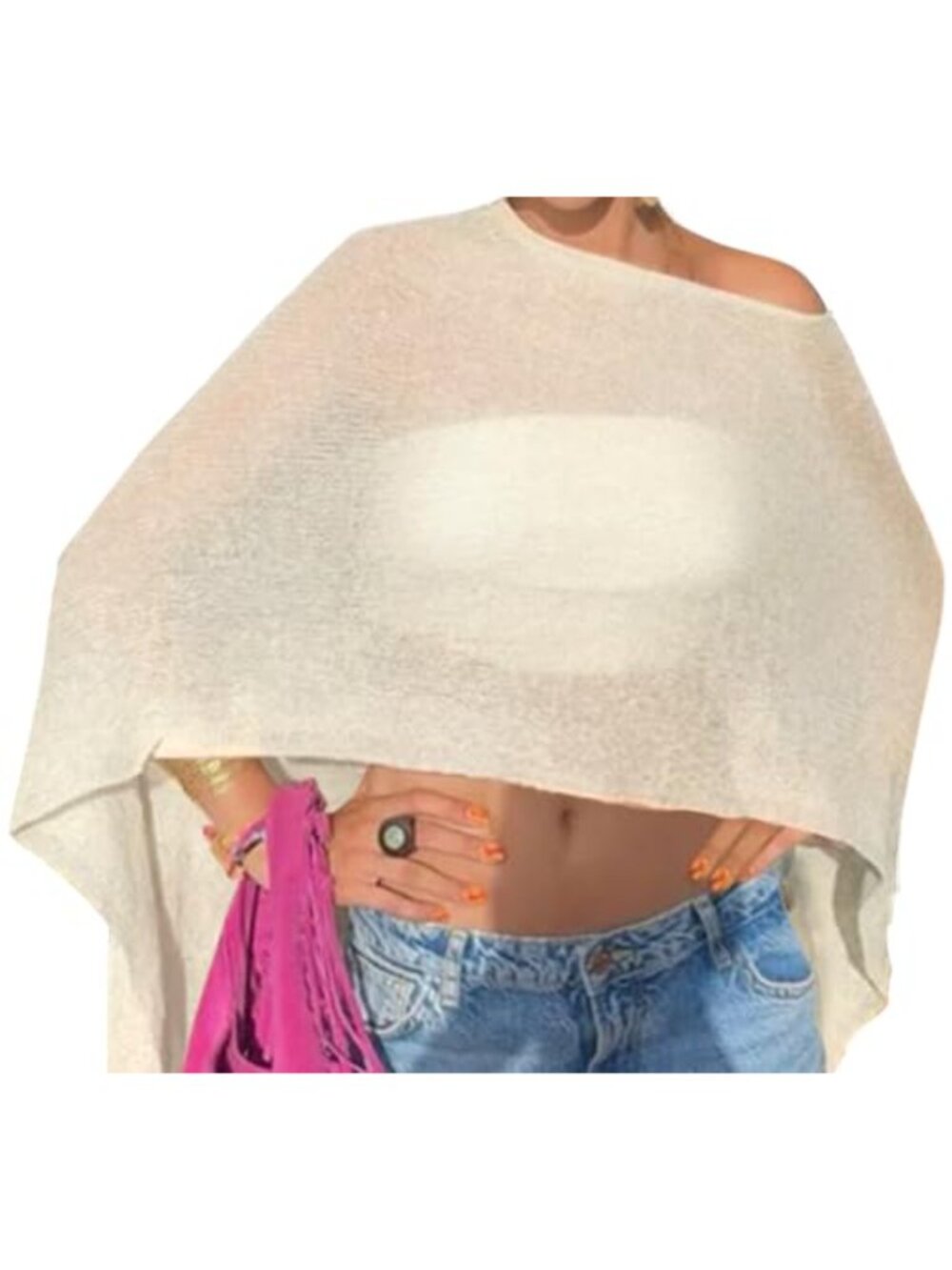 Sheer High Stretch Polyester Poncho Cover Up Off Shoulder Sleeveless Beach Shrug